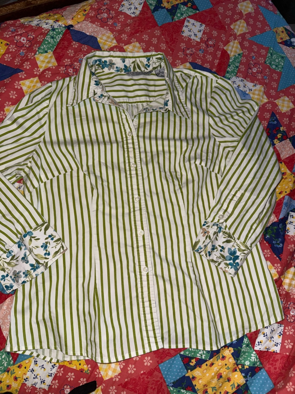 Larry Levine Green and White Striped Button-Down Shirt with Floral Cuffs